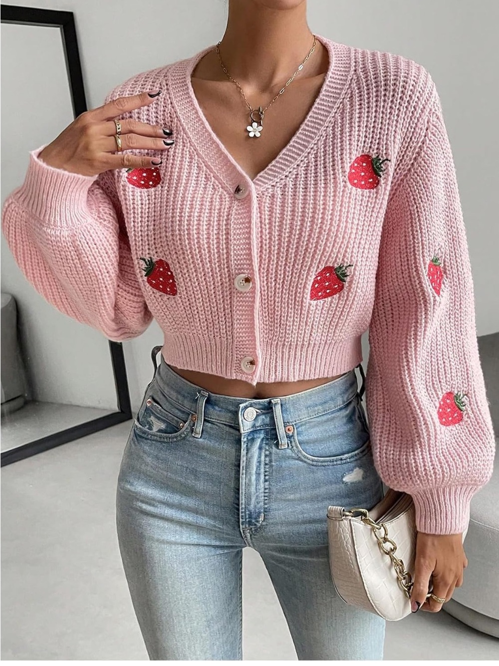Pink Strawberry Embroidered V-Neck Knit Cardigan